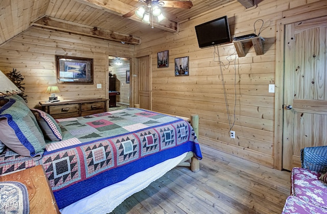 3050 Headrick Dr, Sevierville, TN 37862 - bedroom featuring beamed ceiling, wood walls, wooden ceiling, and hardwood / wood-style floors