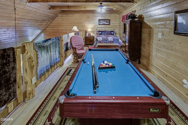 3050 Headrick Dr, Sevierville, TN 37862 - playroom with hardwood / wood-style floors, lofted ceiling with beams, wooden walls, wood ceiling, and billiards