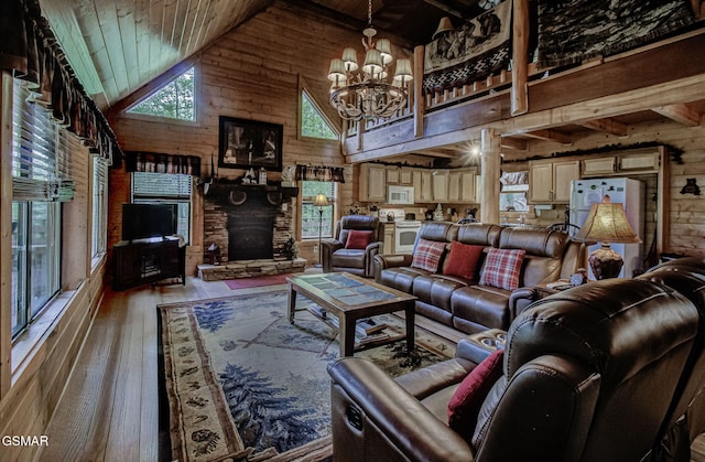 3050 Headrick Dr, Sevierville, TN 37862 - living room featuring an inviting chandelier, high vaulted ceiling, wood walls, wooden ceiling, and hardwood / wood-style flooring