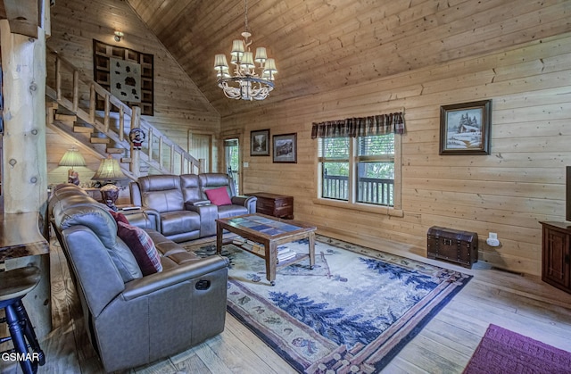 3050 Headrick Dr, Sevierville, TN 37862 - living room with wood walls, wood ceiling, high vaulted ceiling, and stairway