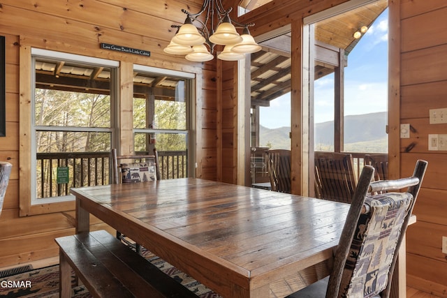 2851 Indigo Ln, Sevierville, TN 37862 - dining space featuring visible vents, wood walls, a notable chandelier, and a mountain view