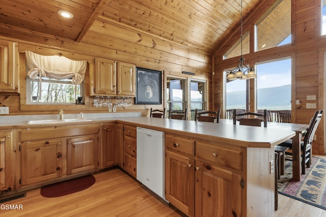 2851 Indigo Ln, Sevierville, TN 37862 - kitchen featuring wooden ceiling, a peninsula, white dishwasher, and a sink