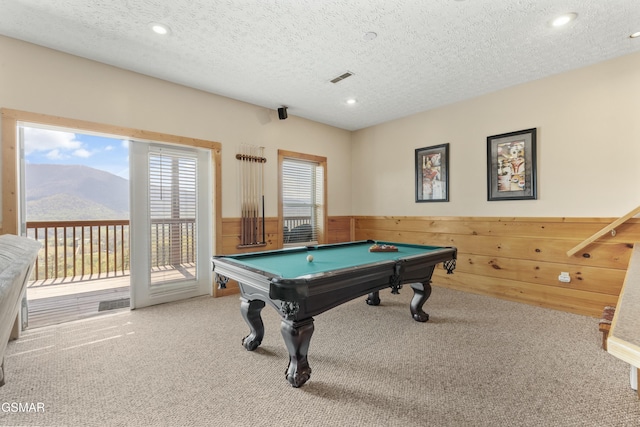 2851 Indigo Ln, Sevierville, TN 37862 - playroom featuring a wainscoted wall, a mountain view, visible vents, carpet, and pool table