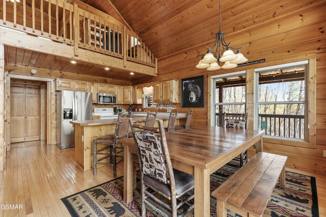 2851 Indigo Ln, Sevierville, TN 37862 - dining area with light wood finished floors, wood walls, wood ceiling, and an inviting chandelier
