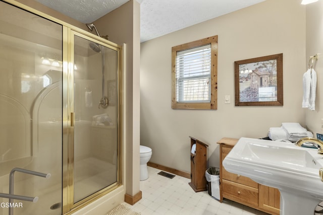 2851 Indigo Ln, Sevierville, TN 37862 - bathroom featuring a textured ceiling, toilet, a stall shower, baseboards, and visible vents