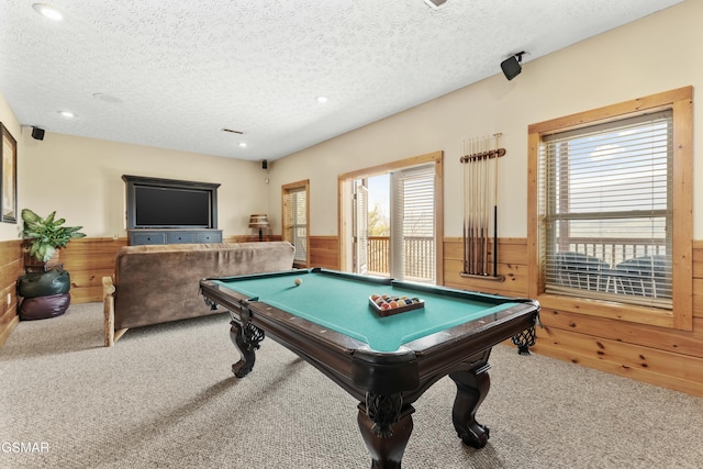 2851 Indigo Ln, Sevierville, TN 37862 - rec room with recessed lighting, wooden walls, carpet floors, wainscoting, and a textured ceiling