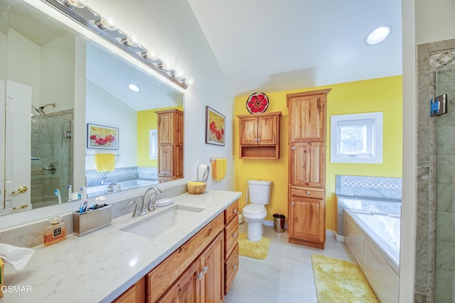 full bath with lofted ceiling, a garden tub, a shower stall, and vanity