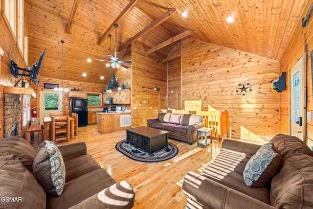 living room featuring wood walls, wooden ceiling, plenty of natural light, beam ceiling, and light hardwood / wood-style floors