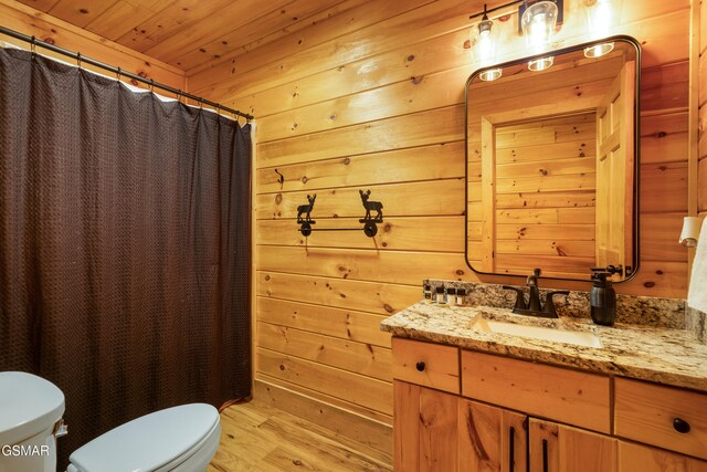 bathroom with wood walls, vanity, wood ceiling, and toilet