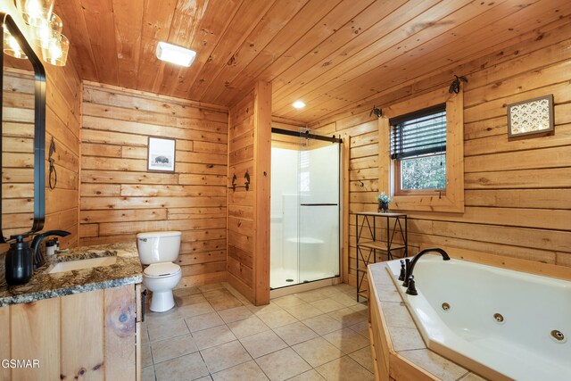 full bathroom featuring vanity, wooden walls, tile patterned flooring, toilet, and wood ceiling