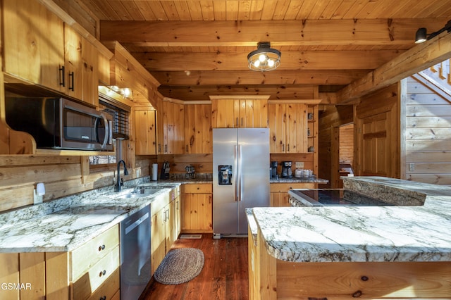 kitchen with wood ceiling, wood walls, beamed ceiling, and stainless steel appliances