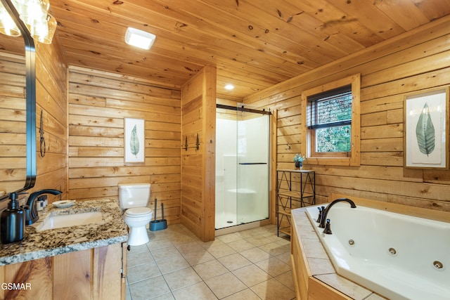 full bathroom featuring plus walk in shower, wooden ceiling, tile patterned floors, wood walls, and vanity