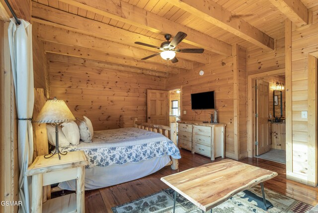 bedroom with ceiling fan, beamed ceiling, dark hardwood / wood-style floors, wood walls, and wood ceiling