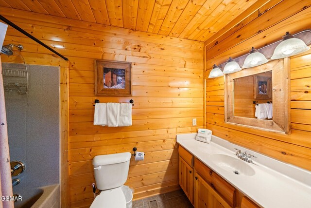 full bathroom featuring wooden ceiling, toilet, wooden walls, shower / washtub combination, and vanity