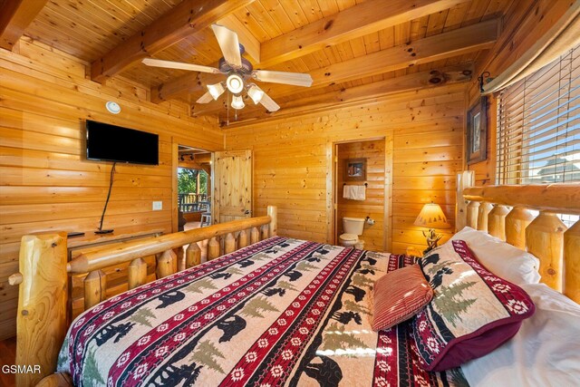 bedroom with ceiling fan, wooden walls, beamed ceiling, and wooden ceiling