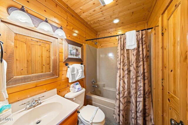 full bathroom featuring shower / bath combo, toilet, wooden walls, vanity, and wood ceiling