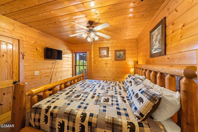 bedroom featuring wooden walls and wooden ceiling