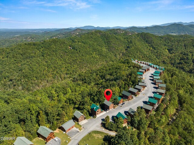 bird's eye view featuring a mountain view and a wooded view