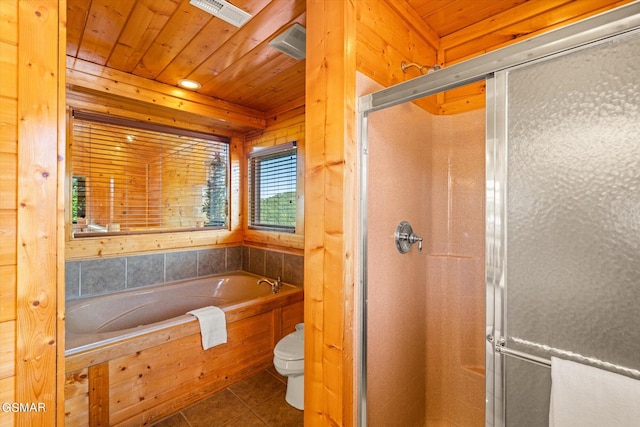 bathroom with tile patterned floors, toilet, wooden ceiling, and plus walk in shower