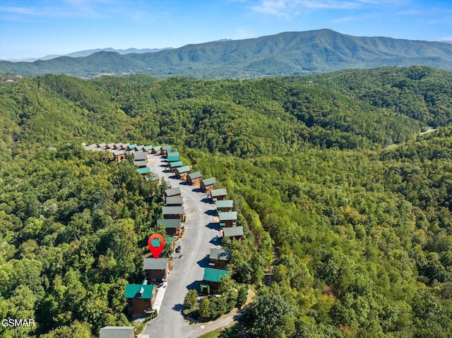 birds eye view of property with a mountain view and a forest view