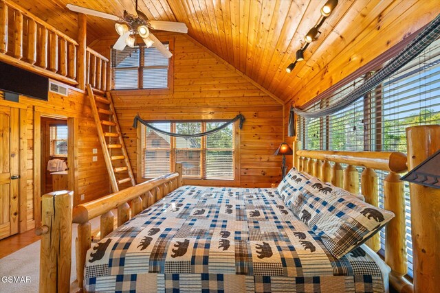 unfurnished bedroom featuring wood ceiling, visible vents, wood walls, and high vaulted ceiling