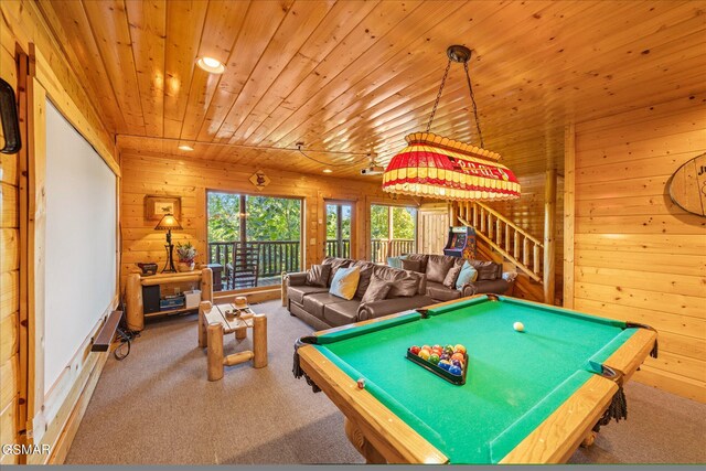 game room with pool table, wooden walls, carpet flooring, and wood ceiling