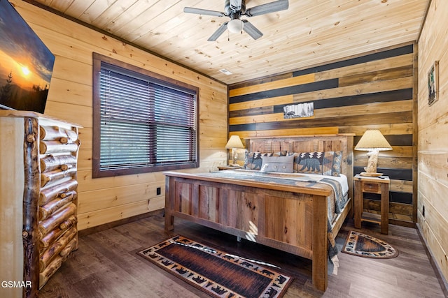 bedroom with wood walls, dark hardwood / wood-style flooring, ceiling fan, and wooden ceiling