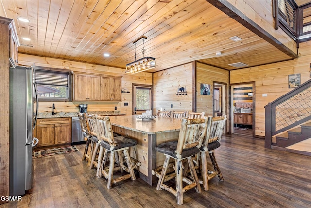 dining room featuring a healthy amount of sunlight, wooden walls, wood ceiling, and dark hardwood / wood-style floors