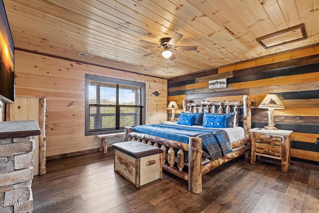 bedroom with ceiling fan, wood walls, wooden ceiling, and dark wood-type flooring