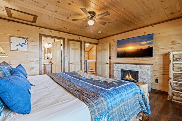 bedroom with ensuite bath, ceiling fan, wooden ceiling, wooden walls, and hardwood / wood-style flooring