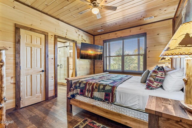 bedroom with wooden walls, ceiling fan, and wooden ceiling