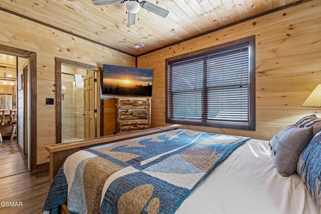 bedroom with ceiling fan, wood-type flooring, wood ceiling, and wooden walls