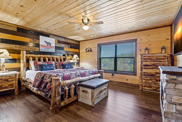 bedroom with ceiling fan, dark hardwood / wood-style floors, wood ceiling, and wooden walls