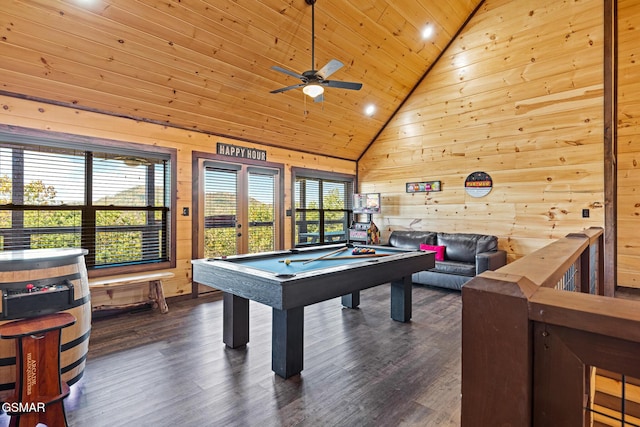 recreation room with wood walls, dark hardwood / wood-style flooring, wooden ceiling, and pool table