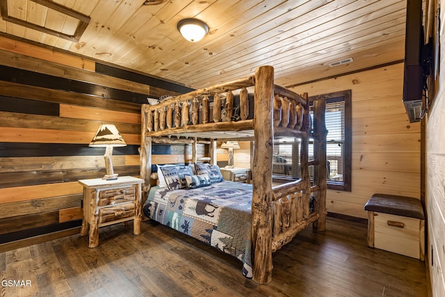 bedroom featuring wood walls, dark hardwood / wood-style flooring, and wooden ceiling