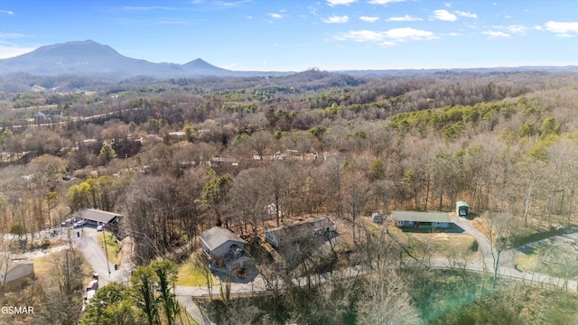 drone / aerial view with a forest view and a mountain view