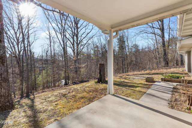 view of patio with a wooded view