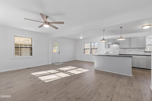 kitchen with light wood finished floors, electric range oven, open floor plan, under cabinet range hood, and backsplash