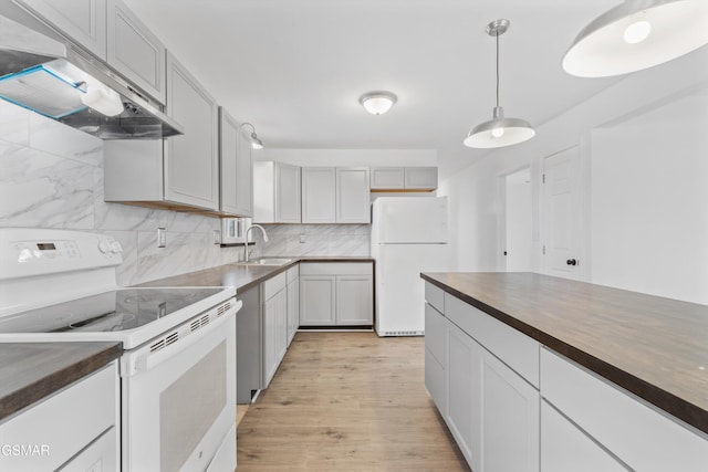 kitchen with wooden counters, backsplash, a sink, white appliances, and under cabinet range hood