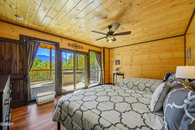 bedroom featuring wood ceiling, access to outside, ceiling fan, wood-type flooring, and wood walls