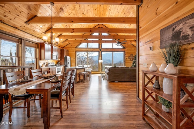 dining room with vaulted ceiling with beams, wooden ceiling, dark wood-type flooring, and a notable chandelier