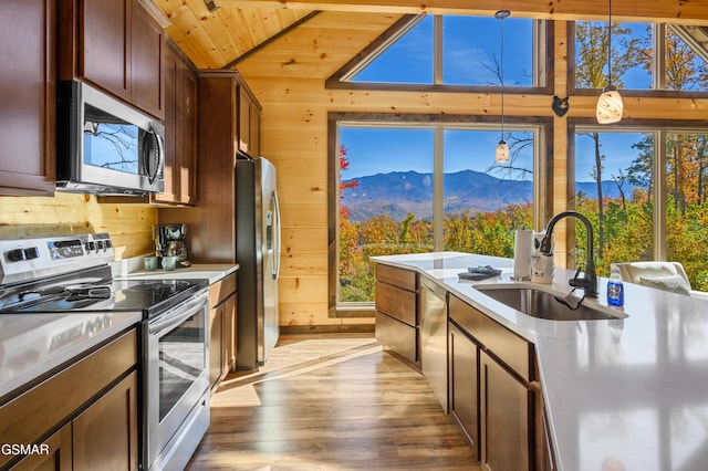 kitchen featuring a mountain view, sink, hanging light fixtures, wood ceiling, and stainless steel appliances