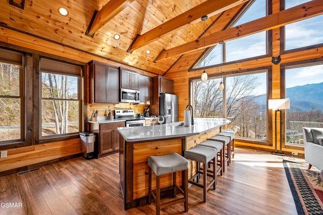 kitchen with a mountain view, wooden ceiling, a kitchen island with sink, appliances with stainless steel finishes, and beam ceiling