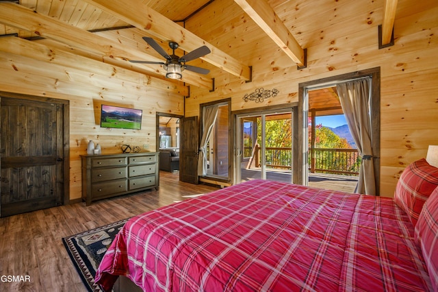 bedroom featuring access to exterior, wood ceiling, beam ceiling, hardwood / wood-style floors, and wood walls