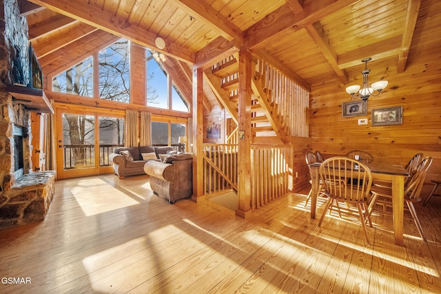 living room with wood ceiling, beam ceiling, wooden walls, wood-type flooring, and a chandelier