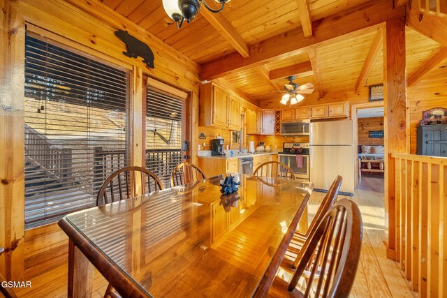 dining room with wood ceiling, wood walls, light hardwood / wood-style flooring, and beamed ceiling