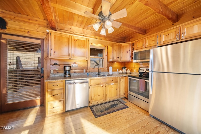 kitchen featuring sink, appliances with stainless steel finishes, beam ceiling, wooden ceiling, and light wood-type flooring