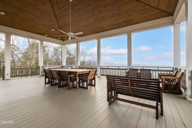 sunroom featuring lofted ceiling, ceiling fan, and wooden ceiling