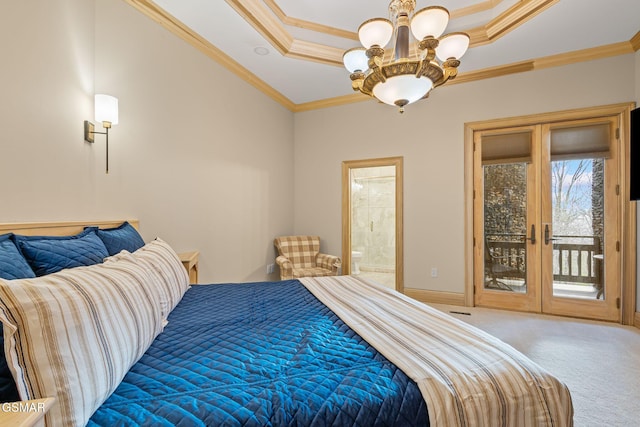 bedroom featuring ornamental molding, carpet, a raised ceiling, and access to exterior