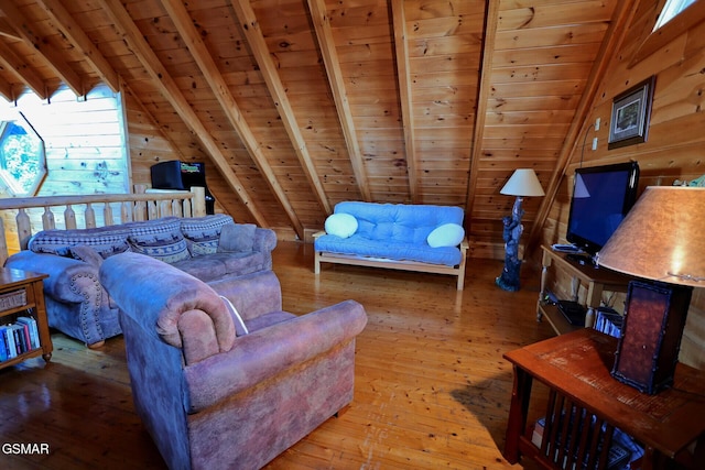 1946 Cougar Crossing Way Bear Country Retreat, Bear Country Retreat, Sevierville, TN 37862 - living area featuring lofted ceiling with beams, wood ceiling, wooden walls, and wood-type flooring